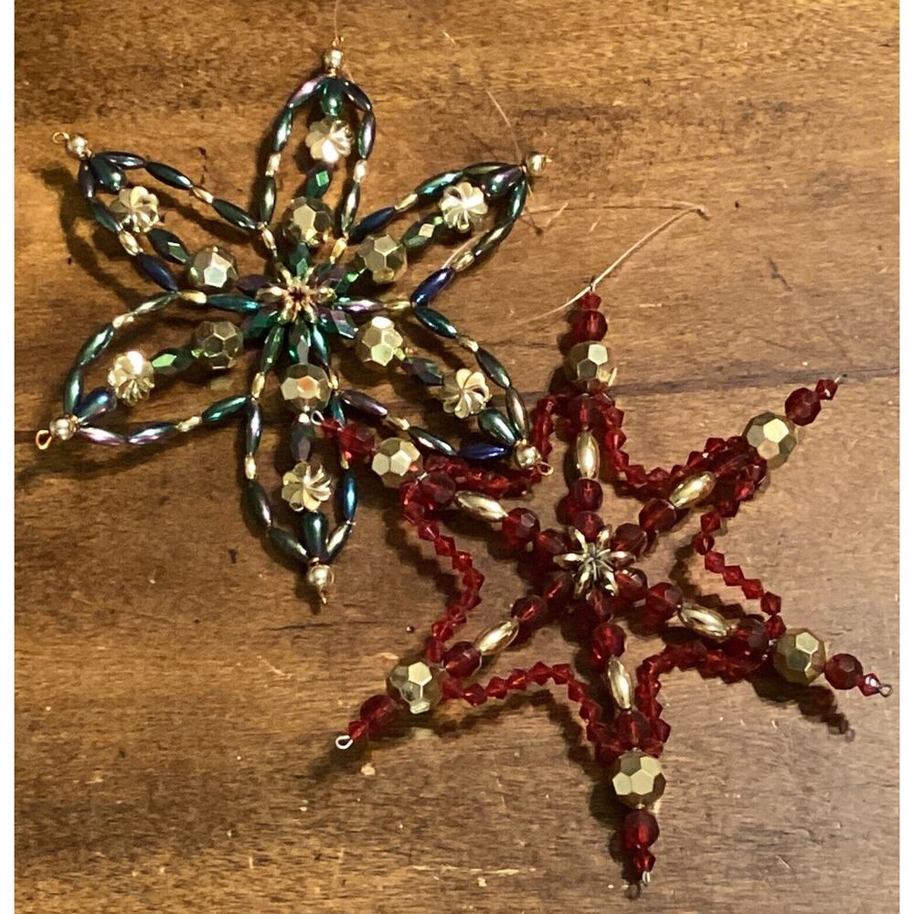 Vintage Set of 2 Gold & Burgundy Green Beaded/Jeweled Star Ornaments